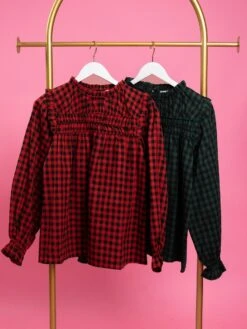 Frilled Mock Neck Long Sleeve Checkered Top | S - 3XL