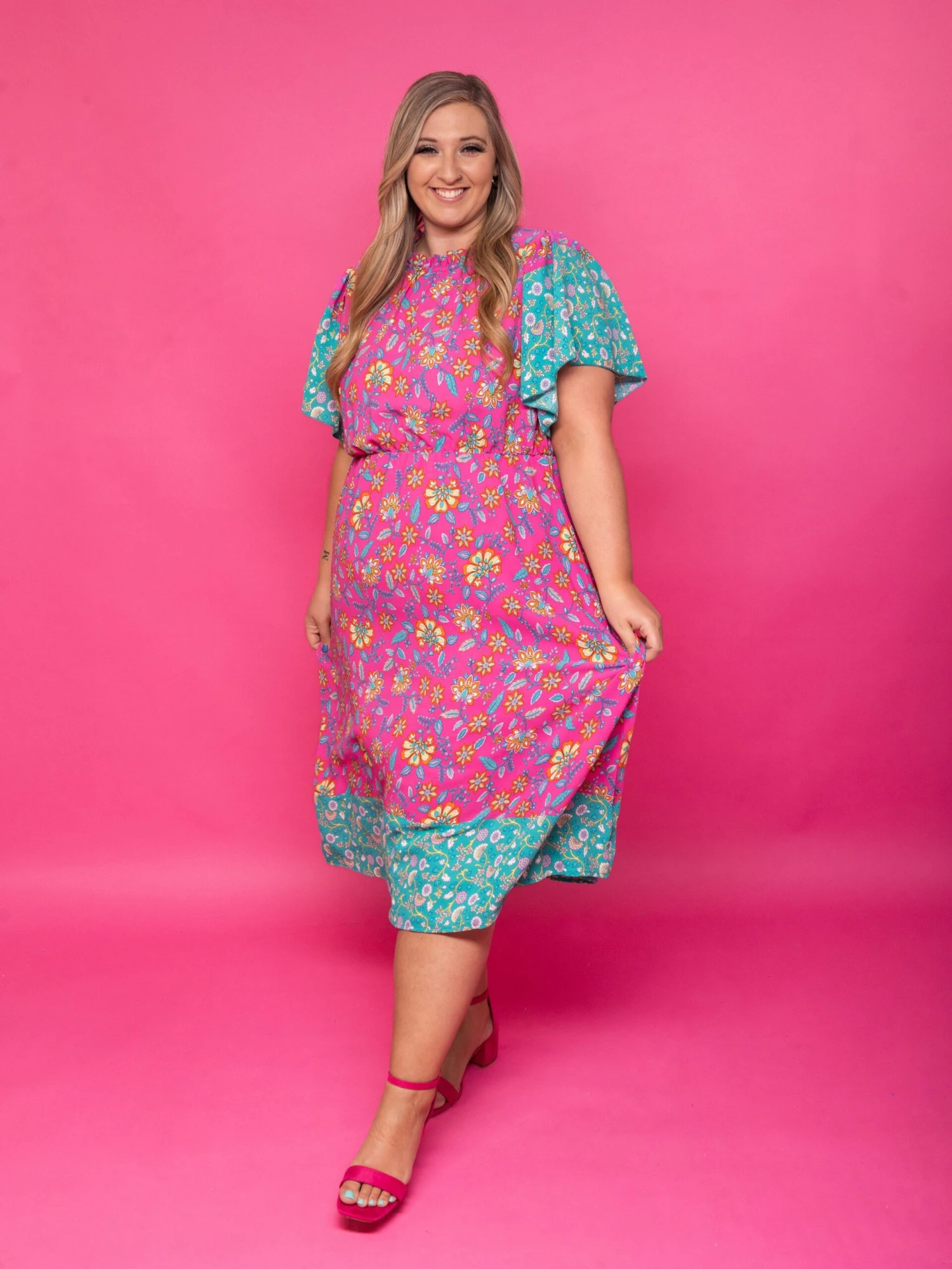 Mock Neck Floral Colorblock Short Sleeve Midi Dress | S - 3XL