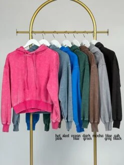 Zenana Acid Wash Cropped Fleece Long Sleeve Drawstring Hoodie | S - L