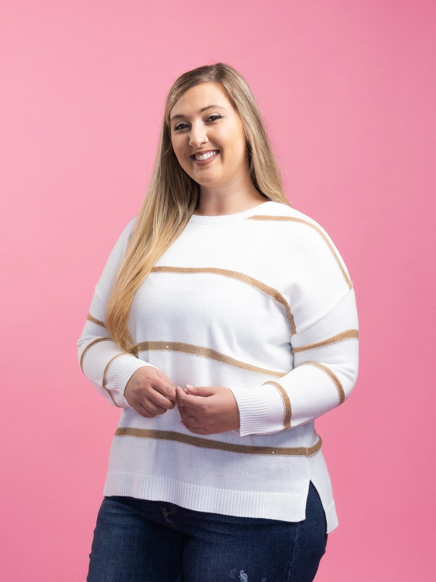 Long Sleeve Crewneck Striped Sweater | 1X-3X - Image 2