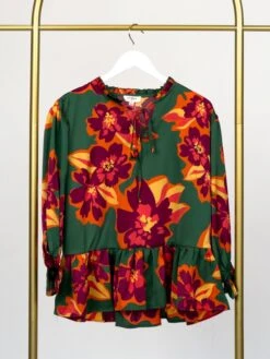 Satin Floral Print Ruffle Neck Tie Long Sleeve Tiered Top | S - L