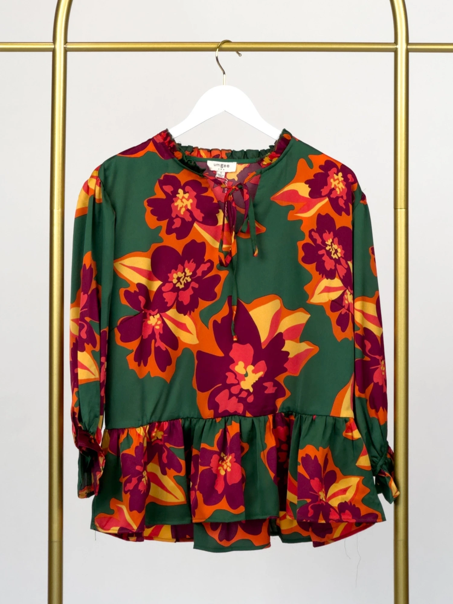 Satin Floral Print Ruffle Neck Tie Long Sleeve Tiered Top | S - L