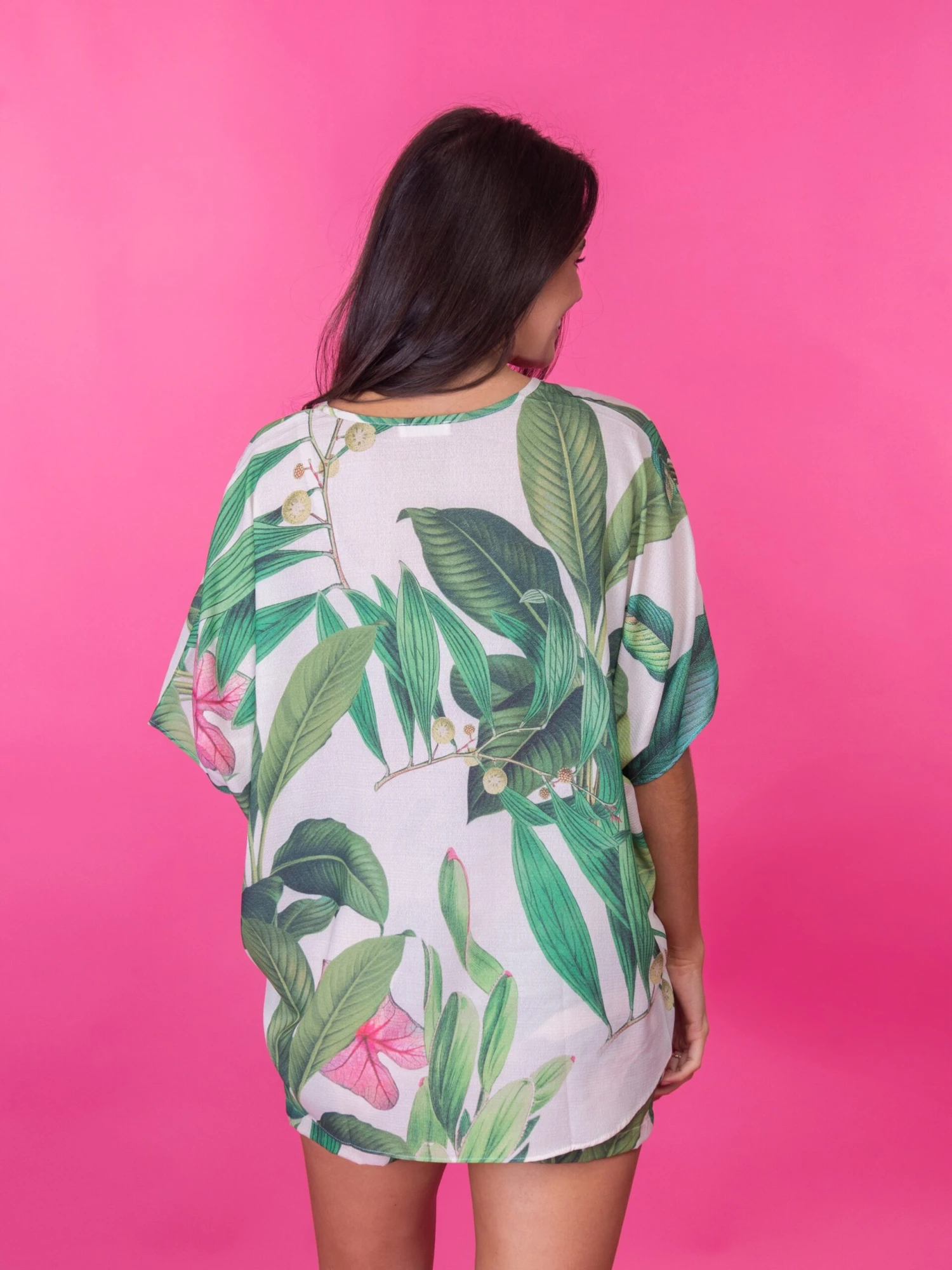 Oversized Hot Pink Leaf Print V Neck Top | S-3X Set W/ Sku49556 - Image 3