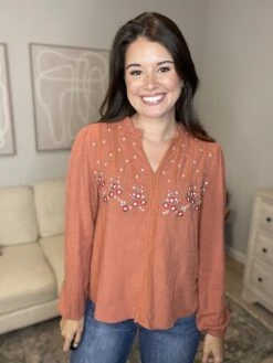 V-Neck Floral Embroidered Long Sleeve Top | S - L