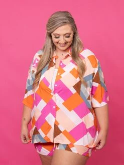 Abstract Print Button Down Short Sleeve Top | S - 3X Set W/ Sku50072