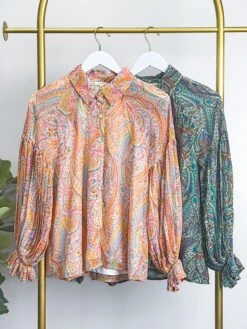 Paisley Print Pleated Poet Long Sleeves Button Down Top | S - L